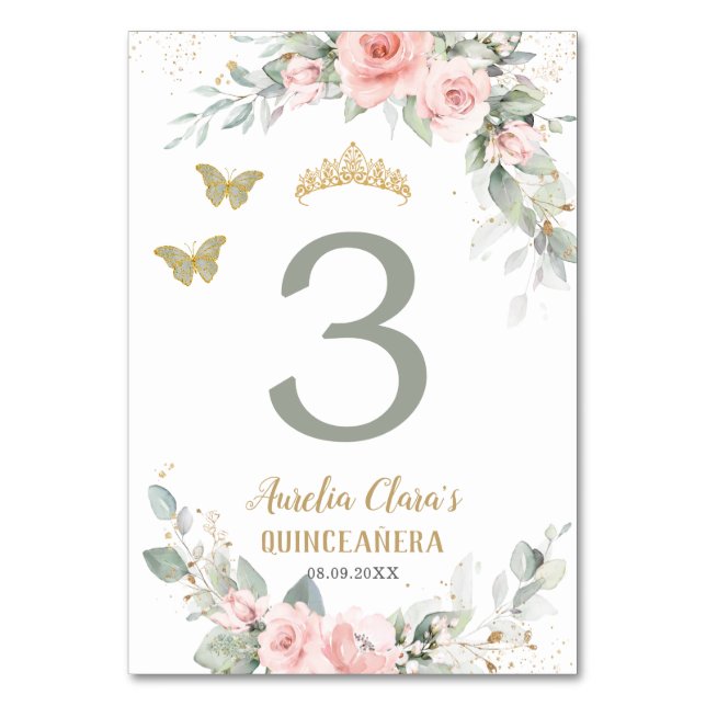 Tarjeta De Mesa Quinceañera Pink Floral Sage Green Butterflies (Anverso)