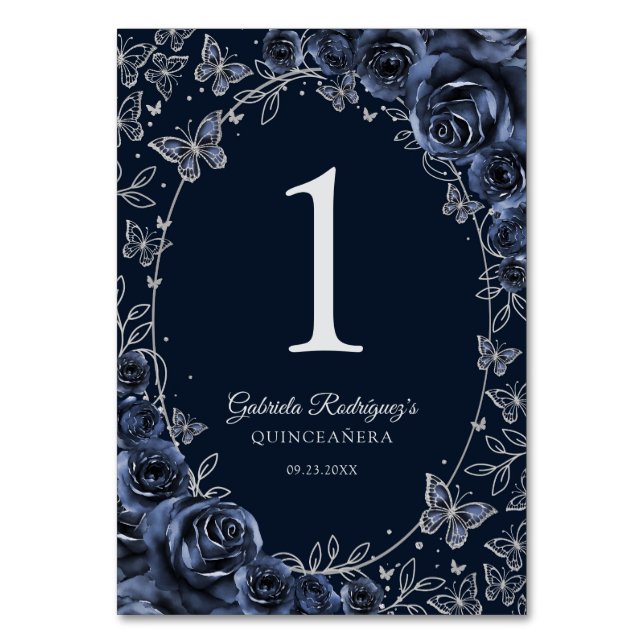 Tarjeta De Mesa Quinceañera Plata Marina (Anverso)