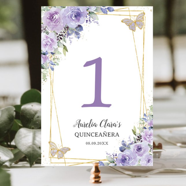 Tarjeta De Mesa Quinceañera Purple Lilac Floral Butterflies Gold (Subido por el creador)