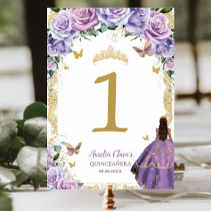 Tarjeta De Mesa Quinceañera Purple Lilac Floral Dorado Vestido Chi
