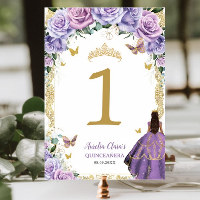 Tarjeta De Mesa Quinceañera Purple Lilac Floral Dorado Vestido Chi (Subido por el creador)