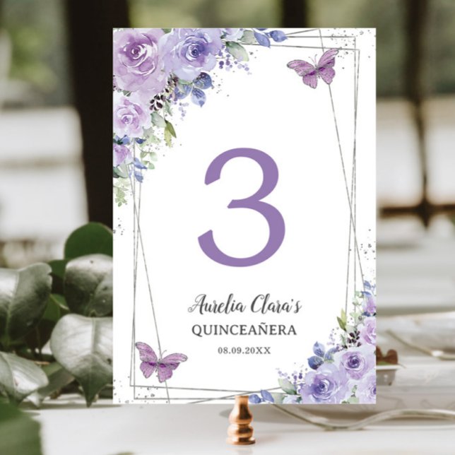 Tarjeta De Mesa Quinceañera Purple Lilac Floral Plata Butterflies (Subido por el creador)