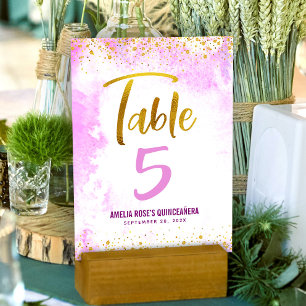 Tarjeta De Mesa Quinceañera Rosa Acuarela Dorado Script Brillante