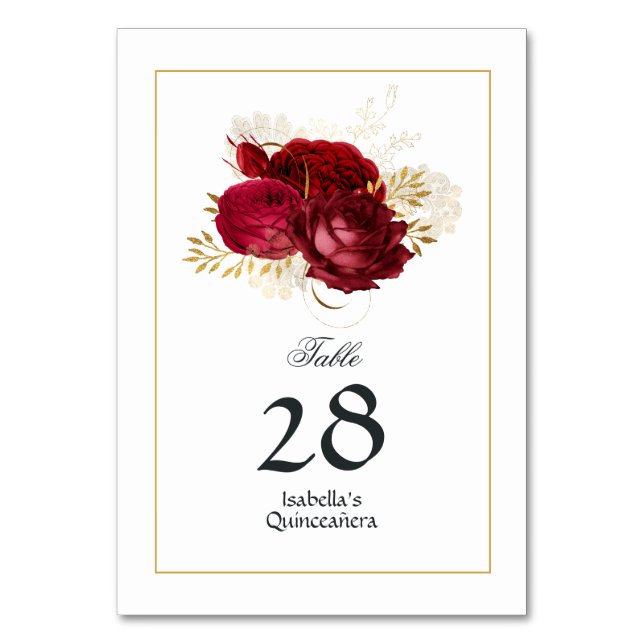 Tarjeta De Mesa Quinceañera, Rosa de cosecha roja y dorada (Anverso)