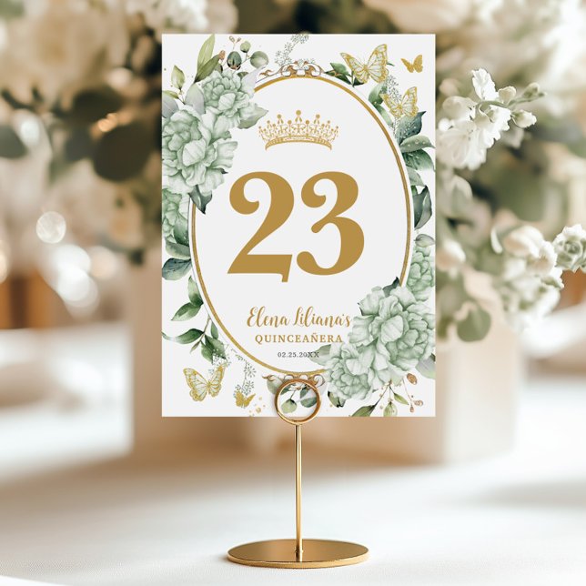 Tarjeta De Mesa Quinceanera Sweet 16 Sage Green Floral Butterflies (Subido por el creador)