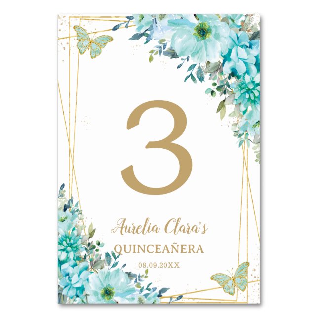 Tarjeta De Mesa Quinceañera Turquoise Floral Azul Mariposas de Oro (Anverso)
