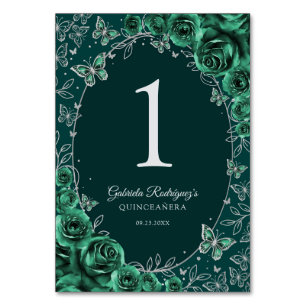Tarjeta De Mesa Quinceañera Verde Esmeralda Plata