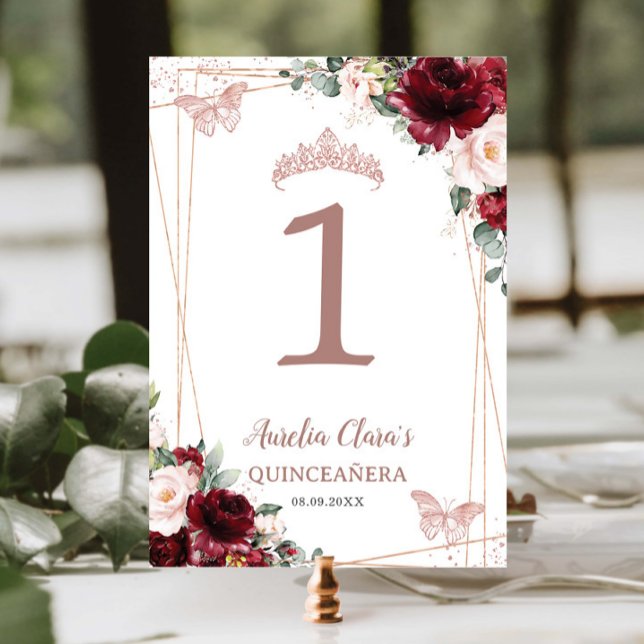 Tarjeta De Mesa Quinceañera XV 16 Borgoña Rubor Floral Rosa Gold (Subido por el creador)