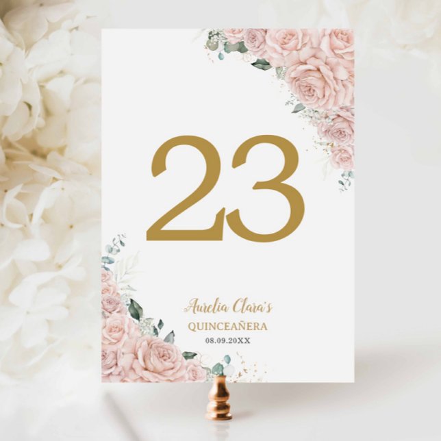 Tarjeta De Mesa Quinceanera XV Blush Pink Roses Floral Gold (Subido por el creador)