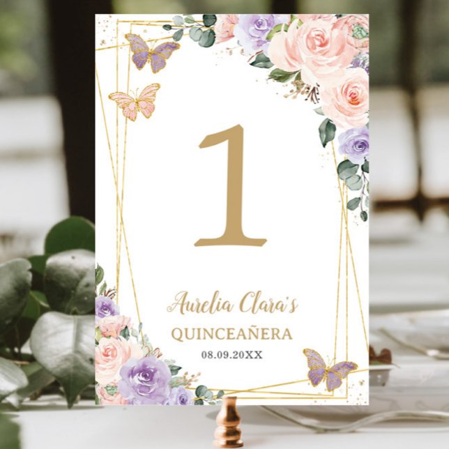 Tarjeta De Mesa Quinceañera XV Cumpleaños Rubor Purple Lilac Flora (Subido por el creador)