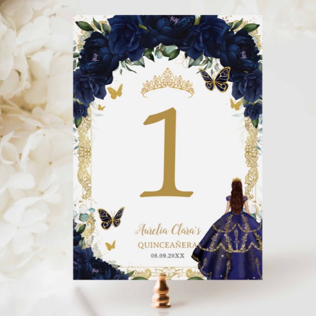 Tarjeta De Mesa Quinceañera XV Navy Blue Floral Gold Girl Dress  (Subido por el creador)