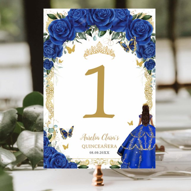 Tarjeta De Mesa Quinceañera XV Vestido de Chica floral azul real (Subido por el creador)
