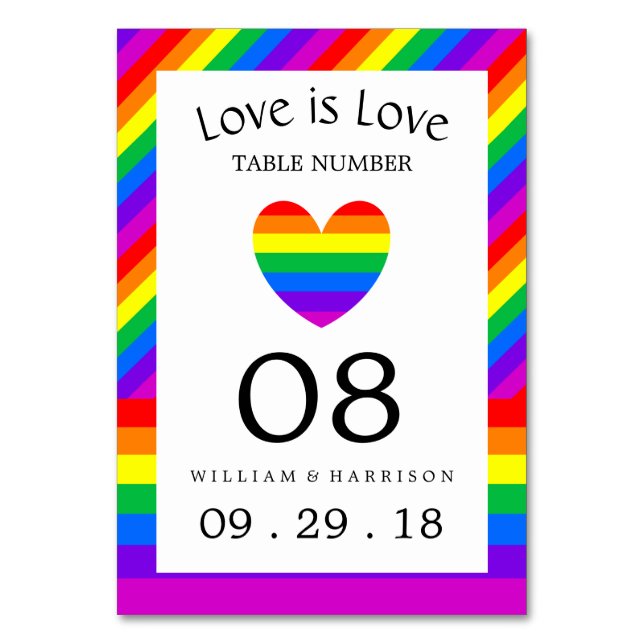 Tarjeta De Mesa Rainbow Heart Love es Love Boda Table No. (Anverso)