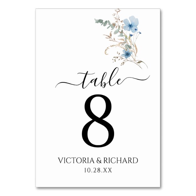 Tarjeta De Mesa ramo de flores acuarela azul polvoriento rústico (Anverso)