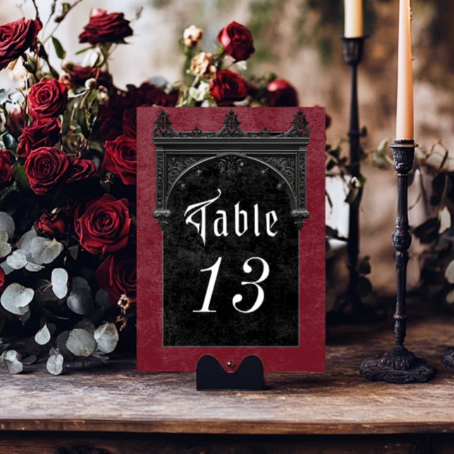 Tarjeta De Mesa Raven negro gótico y Boda de vino de arco negro (Gothic Black Raven & Black Arch Wine Wedding Table Number)