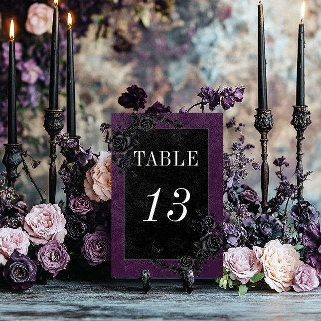 Tarjeta De Mesa Raven negro gótico y Boda morado Rosas negros (Subido por el creador)