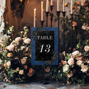 Tarjeta De Mesa Raven negro gótico y Rosas negros Boda azul