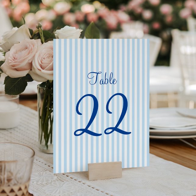 Tarjeta De Mesa Rayas Azules Claras y Blancas (Light Blue and White Stripes Table Number)
