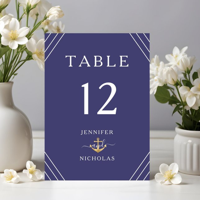 Tarjeta De Mesa Rayas Náuticas Ancla Dorada Bodas Azul Marino (Nautical Stripes Gold Anchor Navy Blue Wedding Table Number)