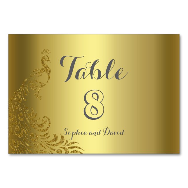 Tarjeta De Mesa Real Oro Resumen Boda Peacock NÚMERO DE TABLA (Anverso)
