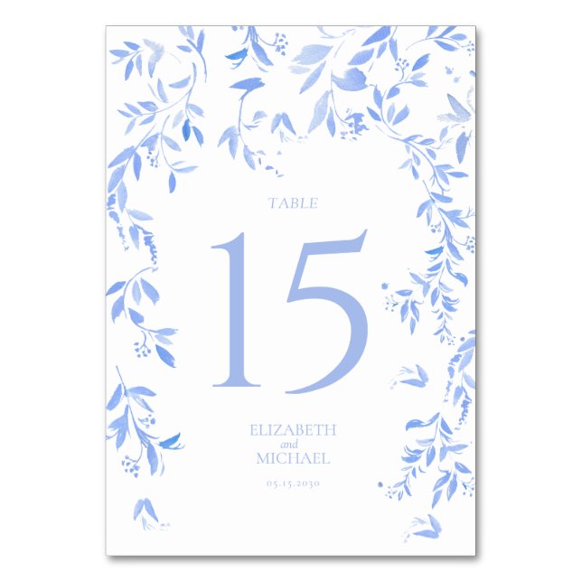 Tarjeta De Mesa Recepción de Boda Botánica Floral Azul Francesa (Anverso)