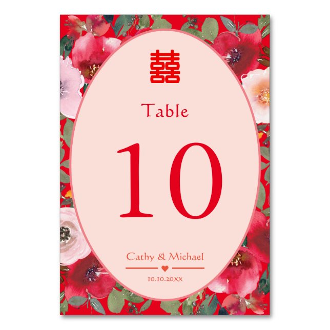 Tarjeta De Mesa Recepción de boda china con flores rojas (Anverso)