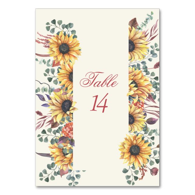 Tarjeta De Mesa Recepción de boda de girasol rústico (Anverso)