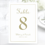 Tarjeta De Mesa Recepción de Boda Dorada Elegante Mesa de Cena For<br><div class="desc">El diseño del letrero de número de mesa de boda presenta una elegancia clásica con un tono dorado chic contemporáneo sobre un fondo blanco clásico. Personalice el diseño de la mesa de boda con su nombre, fecha de boda y número de mesa en letras y escritura de moda. La parte...</div>