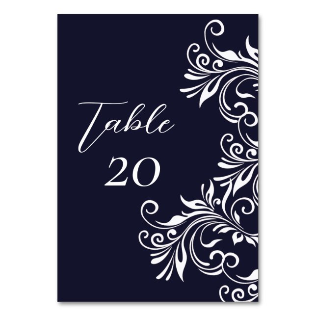 Tarjeta De Mesa Recepción de Boda Elegante de Azul Marino y Blanco (Anverso)