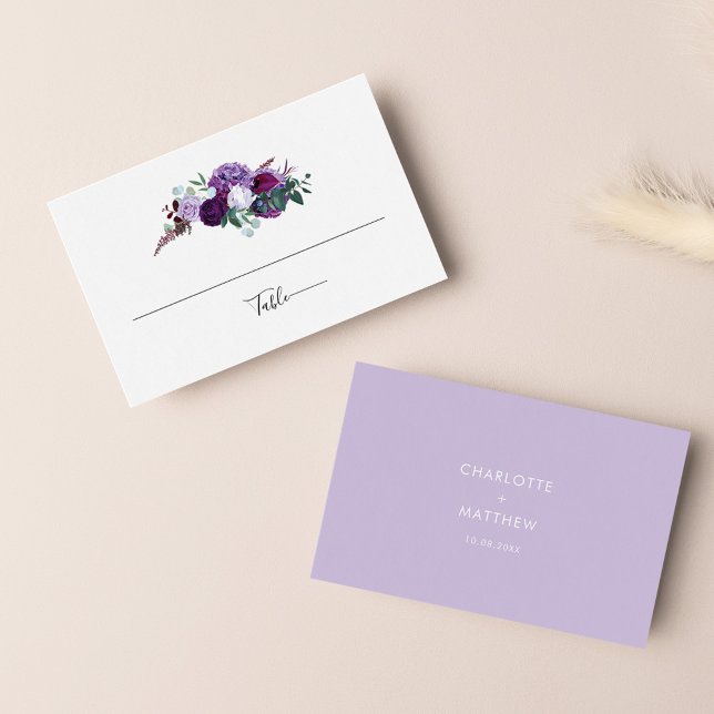 Tarjeta De Mesa Recepción de Boda Morada Floral (Purple Floral Wedding Table Reception Florist Business Card)