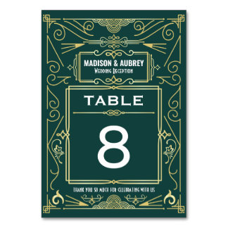 Tarjeta De Mesa Recepción de bodas Art Deco Gold Green Gatsby 1920