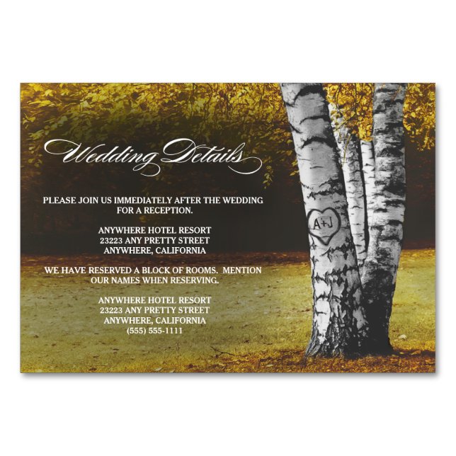 Tarjeta De Mesa Recepción de bodas en árbol de aves otoño + tarjet (Anverso)