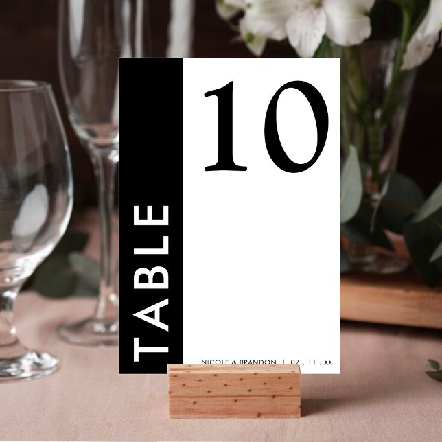 Tarjeta De Mesa Recepción de casamiento de banda lateral blanca y  (Black & White Side Stripe Wedding Reception Table Number)