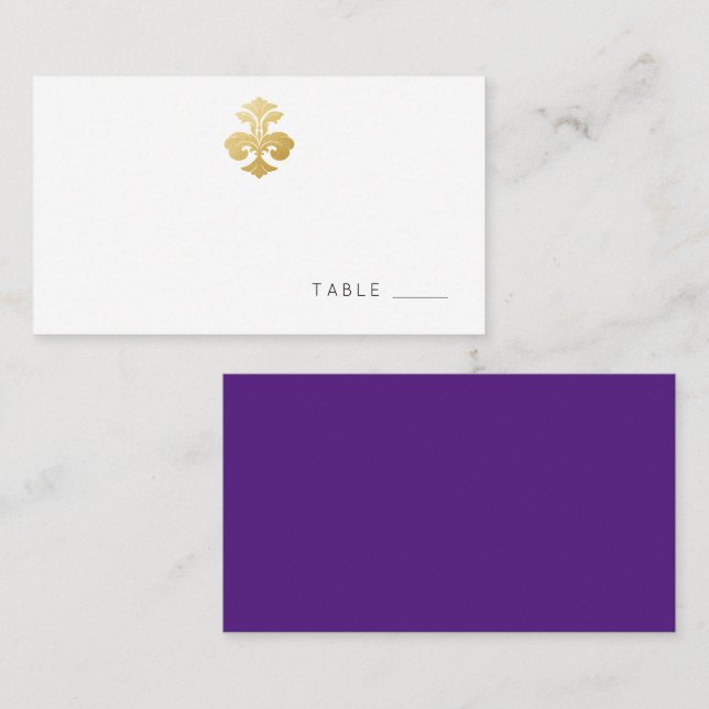 Tarjeta De Mesa Recepción Gold Purple Fleur de Lis Damask (Anverso / Reverso)