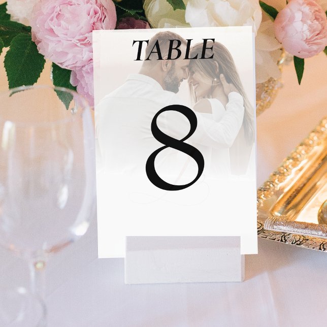 Tarjeta De Mesa Recepción sencilla de casamiento con fotos blancas (Simple Ombre White Photo Wedding Reception Table Number)