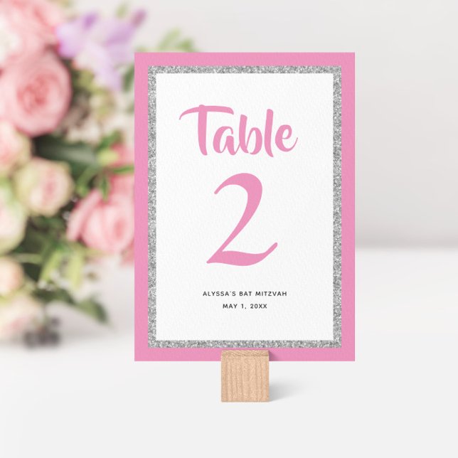 Tarjeta De Mesa Rectángulo rosado y plateado de Bat Mitzvah Purpur (Subido por el creador)