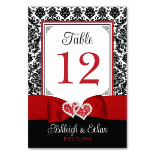 Tarjeta De Mesa Red, Black Love Hearts Boda Número de tabla