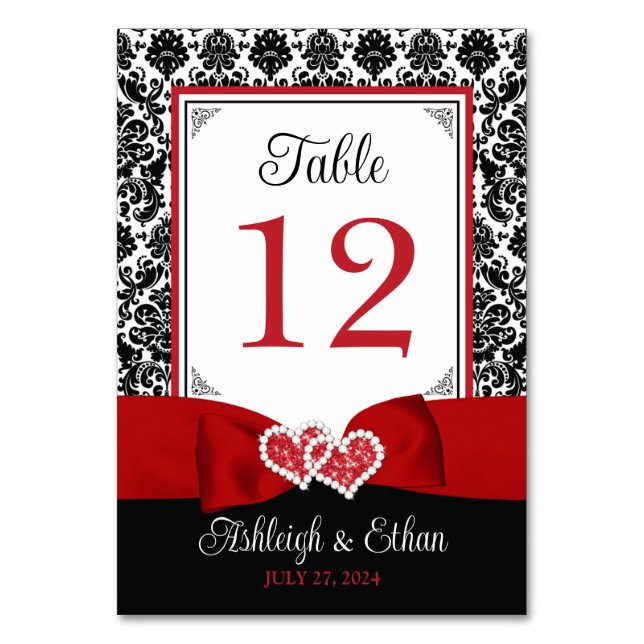 Tarjeta De Mesa Red, Black Love Hearts Boda Número de tabla (Anverso)