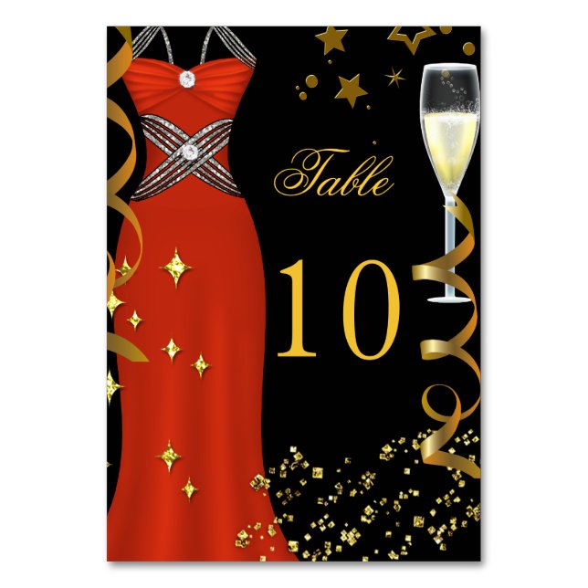 Tarjeta De Mesa Red Dress Black Gold Table Number Card (Anverso)