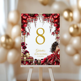 Tarjeta De Mesa Red Golden Tiara Floral Quinceañera 