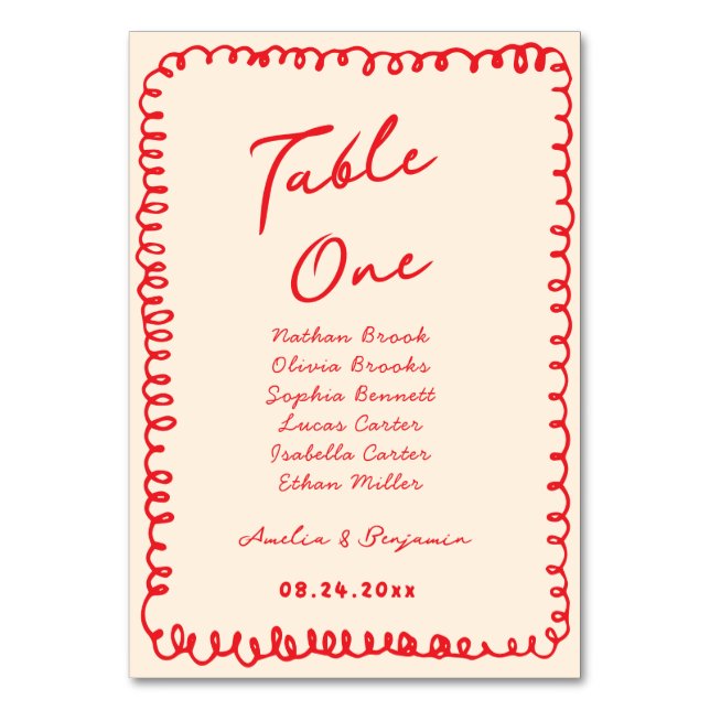 Tarjeta De Mesa red hand drawn heart whimsical wedding (Anverso)