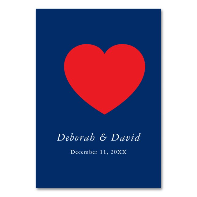 Tarjeta De Mesa Red Heart Blue Modern Minimalist Wedding (Anverso)