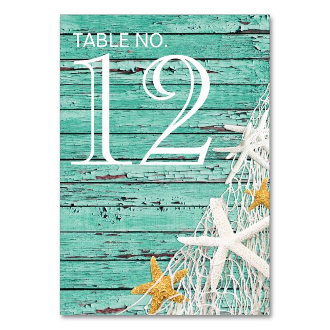 Tarjeta De Mesa Red Rustic Weathered Wood Starfish | aqua (Anverso)