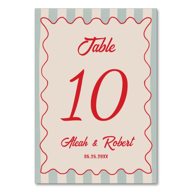 Tarjeta De Mesa Red Script Blue Line Retro Wedding Table Number (Anverso)