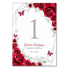 Tarjeta De Mesa Red Silver Floral Quinceanera