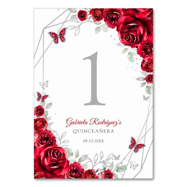 Tarjeta De Mesa Red Silver Floral Quinceanera (Anverso)