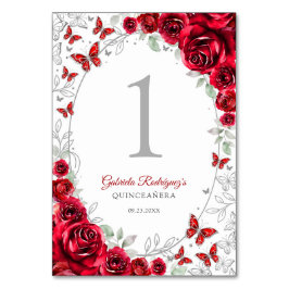 Tarjeta De Mesa Red Silver Floral Quinceanera