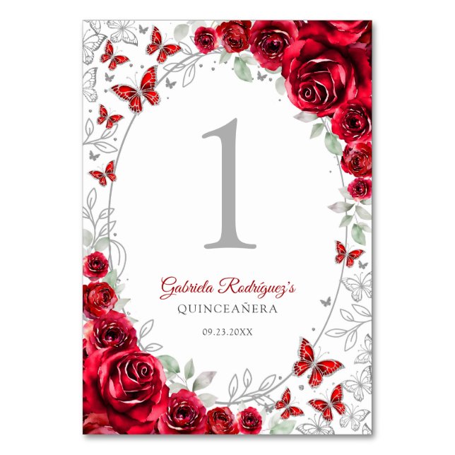 Tarjeta De Mesa Red Silver Floral Quinceanera (Anverso)
