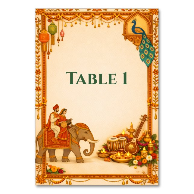 Tarjeta De Mesa Regal Indian Wedding Table Number Card | Gold  (Anverso)