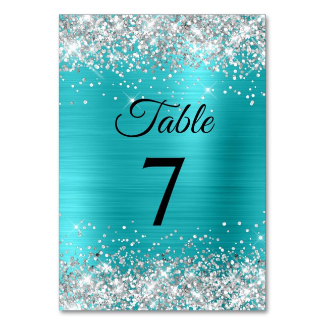 Tarjeta De Mesa Relieve metalizado azul turquesa Purpurina platead (Anverso)